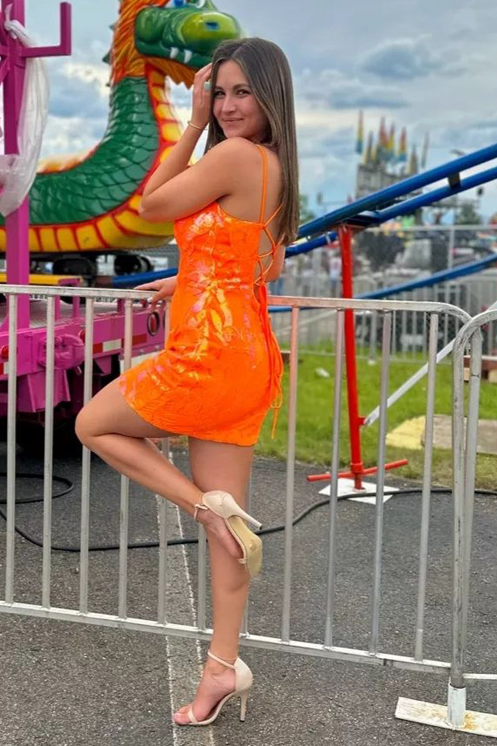 Sparkly Orange Sequins Lace-Up Back Tight Short Homecoming Dress