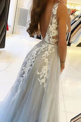 Graceful Grey Tulle A-Line V-Neck Wedding Dress with Appliques