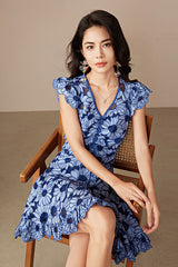 Blue Floral Short A Line Summer Dress