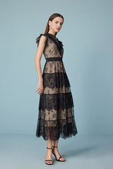 Black Lace Tiered Midi Casual Summer Boho Dress
