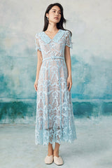 Blue Midi Lace A Line Casual Summer Holiday Dress