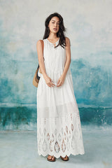 White Lace Sleeveless Boho Maxi Summer Holiday Dress