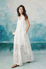 White Lace Sleeveless Boho Maxi Summer Holiday Dress
