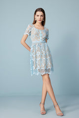 Blue Lace Scoop Neck Short Sleeve Casual Summer Dress