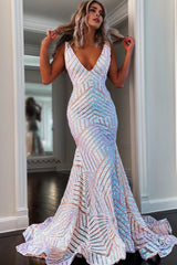 Sparkly Blue Mermaid Deep V Neck Long Prom Dress with Sequins