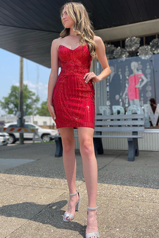 Sparkly Red Sweetheart Lace-Up Back Tight Short Homecoming Dress