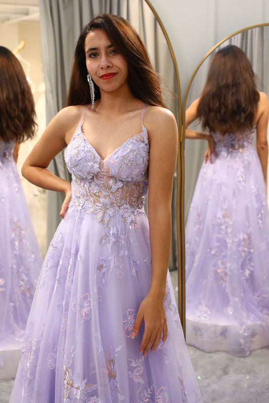 Elegant Purple A Line Tulle Long Appliqued Prom Dress