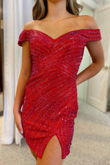 Sparkly Red Sequins Open Back Tight Short Homecoming Dress with Slit