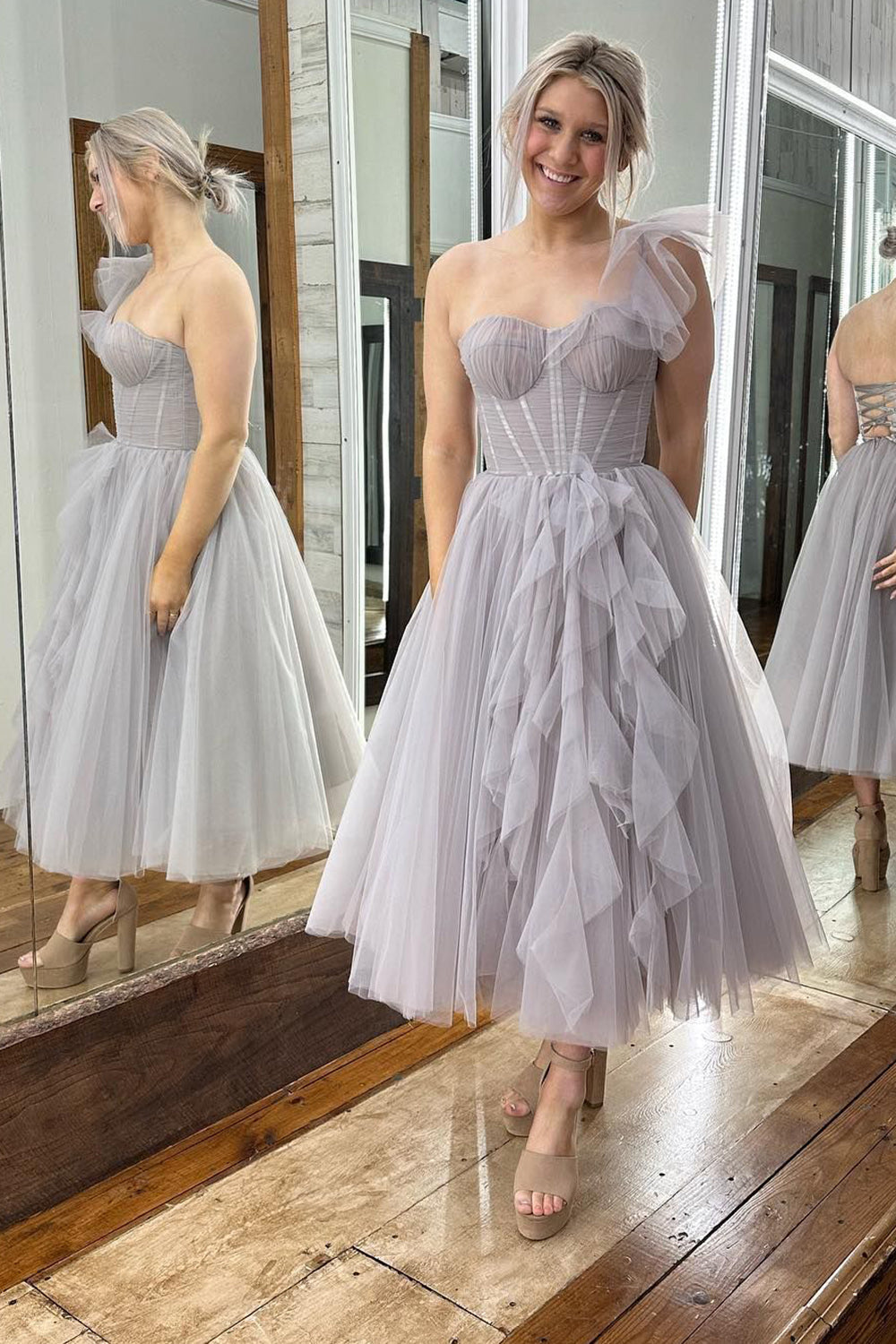 Grey Corset One Shoulder Tulle Homecoming Dress with Ruffles