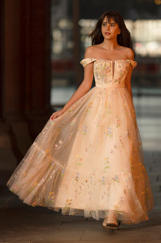 Champagne A Line Sweetheart Long Prom Dress with Embroidery