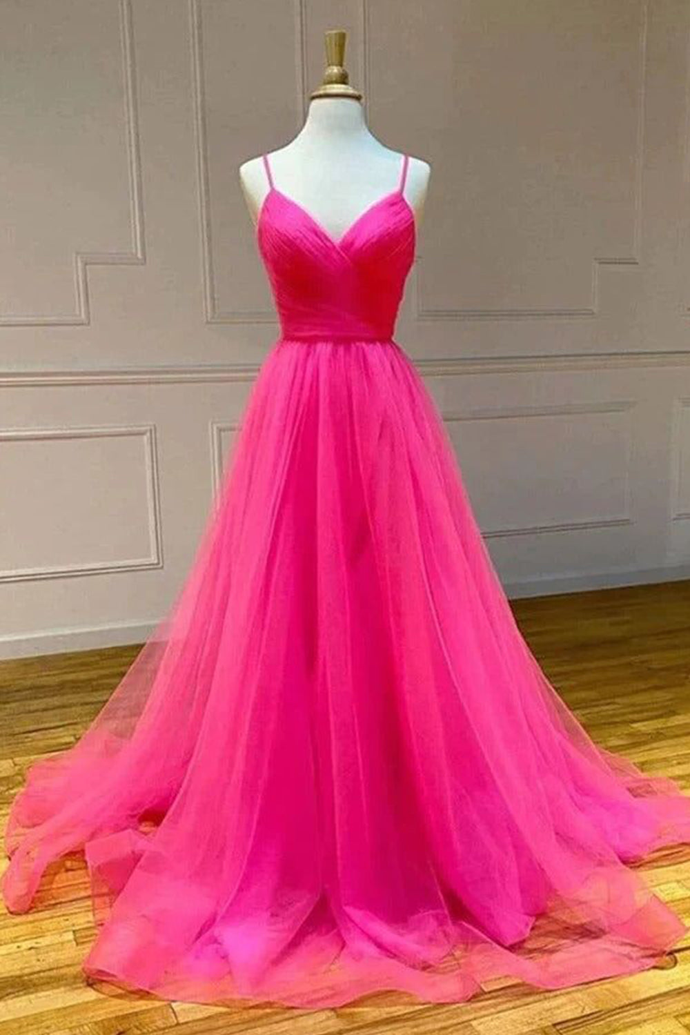 Hot Pink A-Line Tulle Long Prom Dress with Pockets