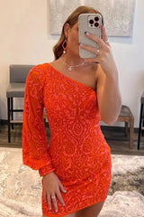 Orange Beaded Sequins One Shoulder Tight Homecoming Dress