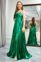 Glitter Dark Green A Line Spaghetti Straps Long Corset Prom Dress With Slit