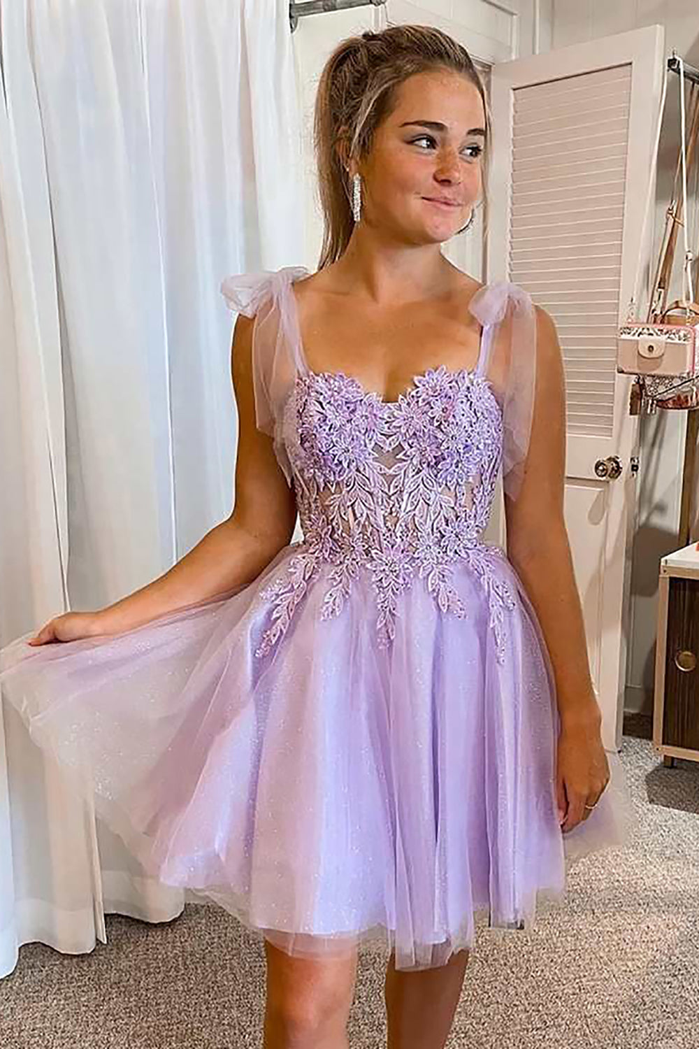 Purple Corset A-Line Tulle Short Homecoming Dress with Lace