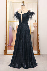 Glitter Black A Line Long Prom Dress With Feather