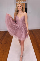 Glitter Blush A-Line Tulle Short Homecoming Dress with Lace