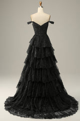 Black Prom Dress Off The Shoulder Tiered Lace Evening Dress