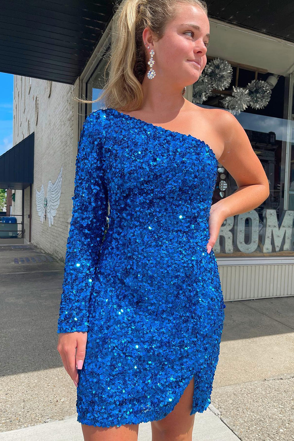 One Shoulder Glitter Sequins Homecoming Dress