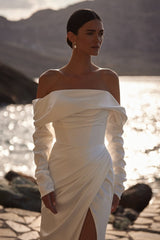 Mermaid Wedding Dress Solid Long Sleeve Satin Off the Shoulder Bridal Gown
