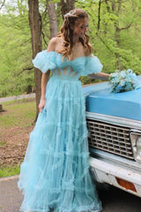 A Line Off the Shoulder Light Blue Tulle Corset Prom Dress with Bowknot