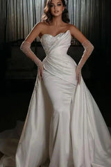 White Long Sleeve Sweetheart Beaded Mermaid Wedding Dress with Detachable Skirt