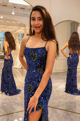 Sparkly Royal Blue Long Sequined Prom Dress With Slit