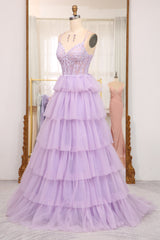 Elegant Lilac A Line Tiered Long Corset Prom Dress With Appliques