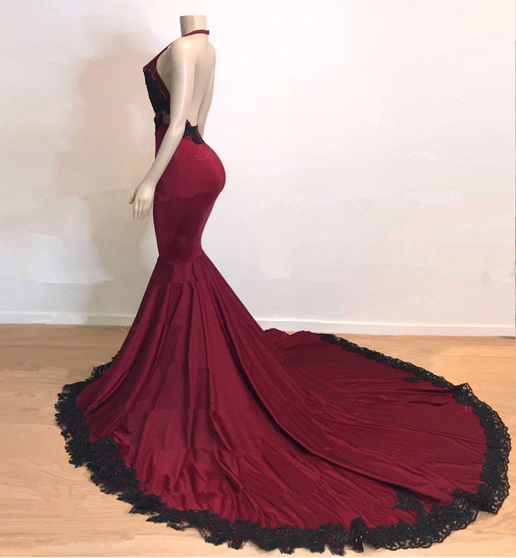 Burgundy Black V-Neck Mermaid Evening Dress Halter with Applique