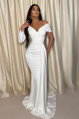 Chic White Evening Dress One-Shoulder Off-the-Shoulder with Pleats