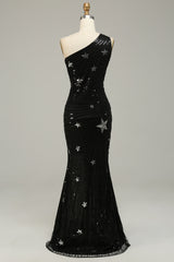 Sparkly Sheath One Shoulder Black Sequins Long Prom Dress with Star