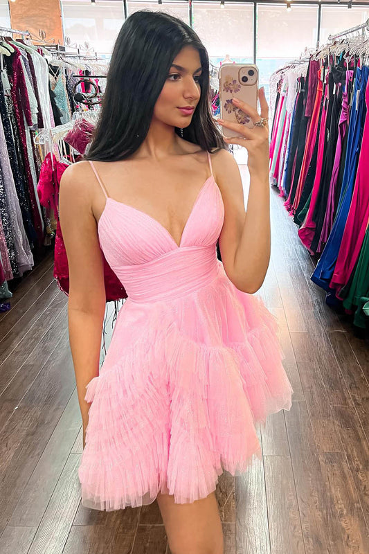 Glitter Pink Tulle A-Line Short Ruffled Homecoming Dress