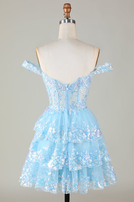 Glitter Blue Asymmetrical A-Line Short Lace Homecoming Dress