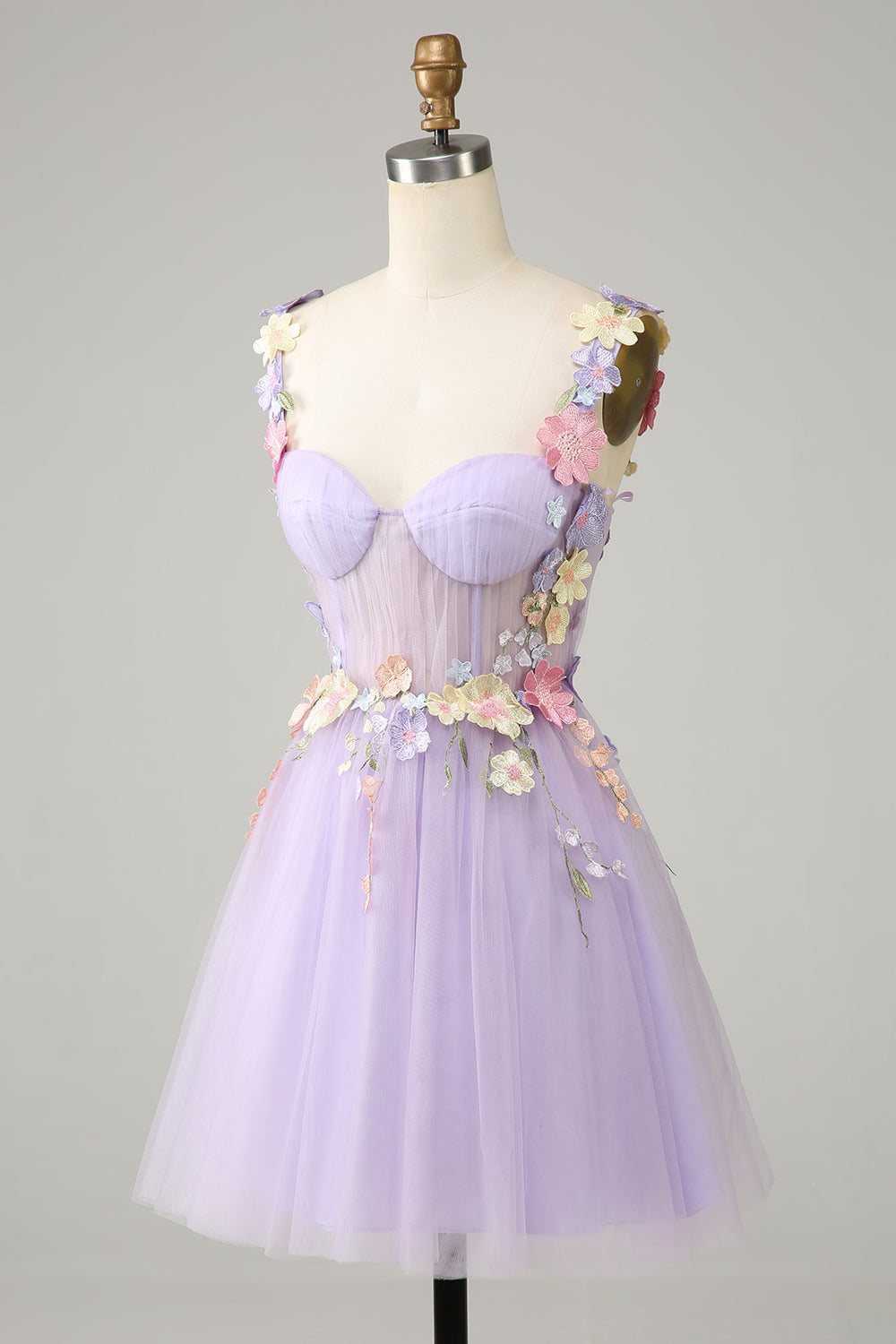 Purple Spaghetti Straps Tulle Homecoming Dress With 3D Flowers