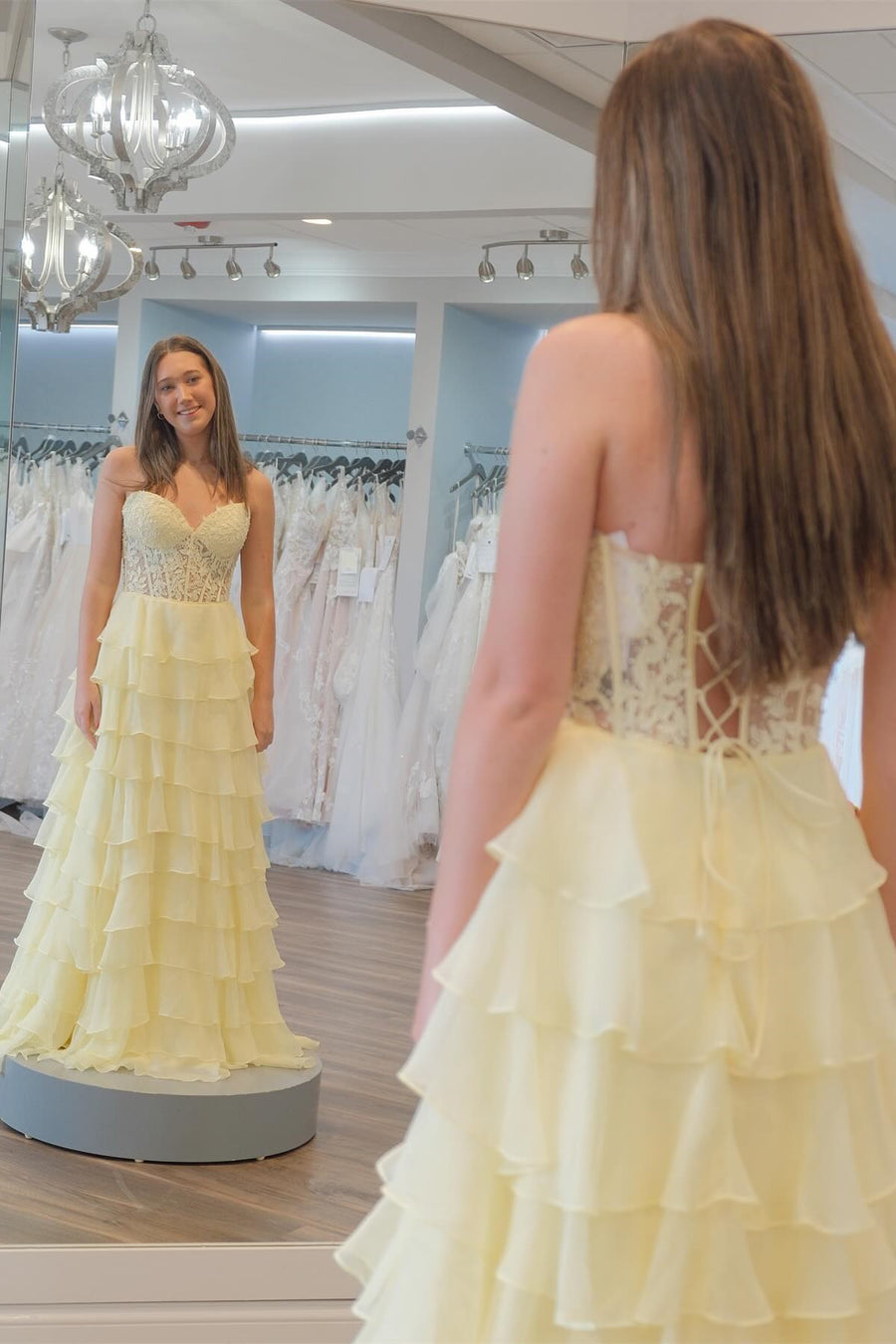 Light Blue A-Line Tiered Chiffon Long Prom Dress with Lace