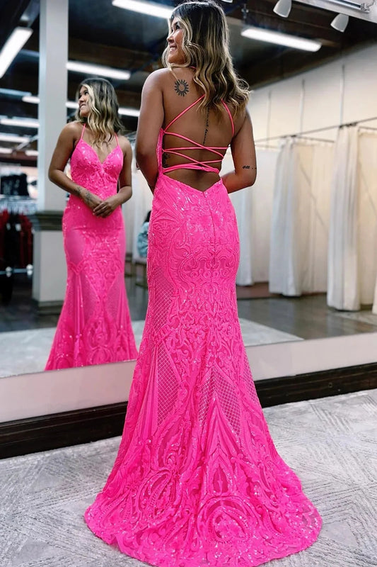 Sparkly Mermaid Backless Hot Pink Sequins Long Prom Dress