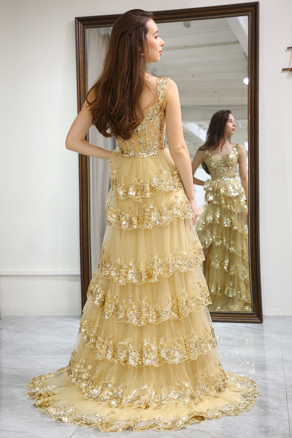 Sparkly Golden Tiered A-Line Long Prom Dress with Lace