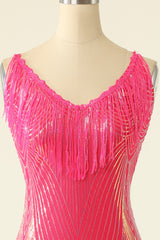 V-Neck Fuchsia Homecoming Dress With Fringes