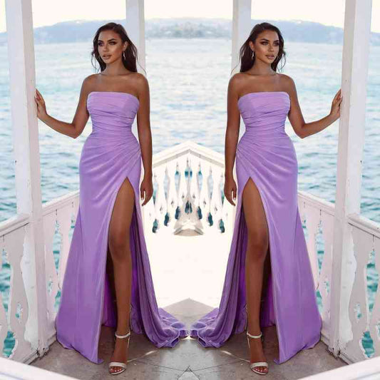 Charming Purple Long Evening Dress Prom Dress Strapless Sleeveless Slit Pleated