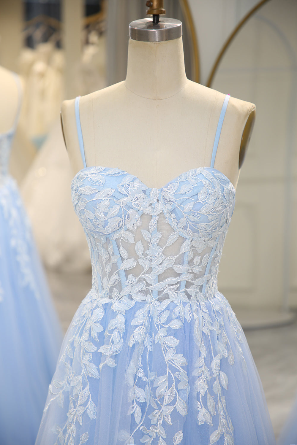 Sky Blue Long Corset Appliqued Prom Dress With Slit