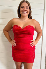 Glitter Red Sweetheart Tight Short Homecoming Dress with Appliques