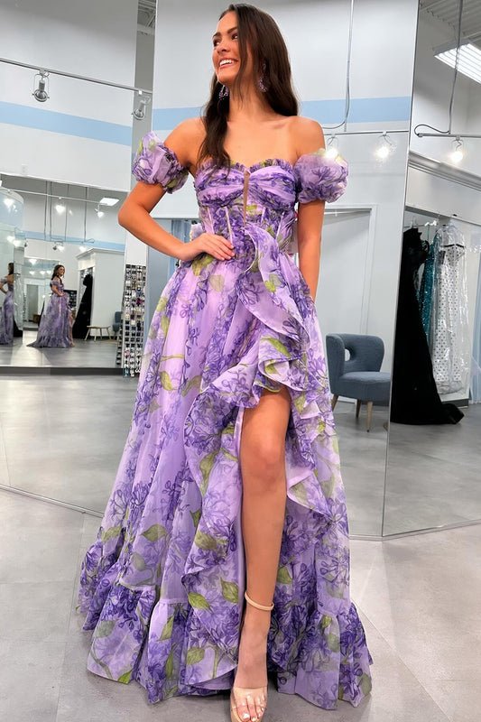 Lilac A-Line Corset Detachable Sweetheart Floral Long Prom Dress with Ruffles