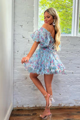 Blue Floral Corset A-Line Short Homecoming Dress