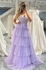 Elegant Lilac A Line Tiered Long Corset Prom Dress With Appliques