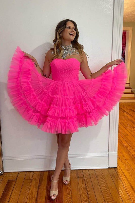 Fuchsia A-Line Sweetheart Tulle Tiered Corset Short Homecoming Dress