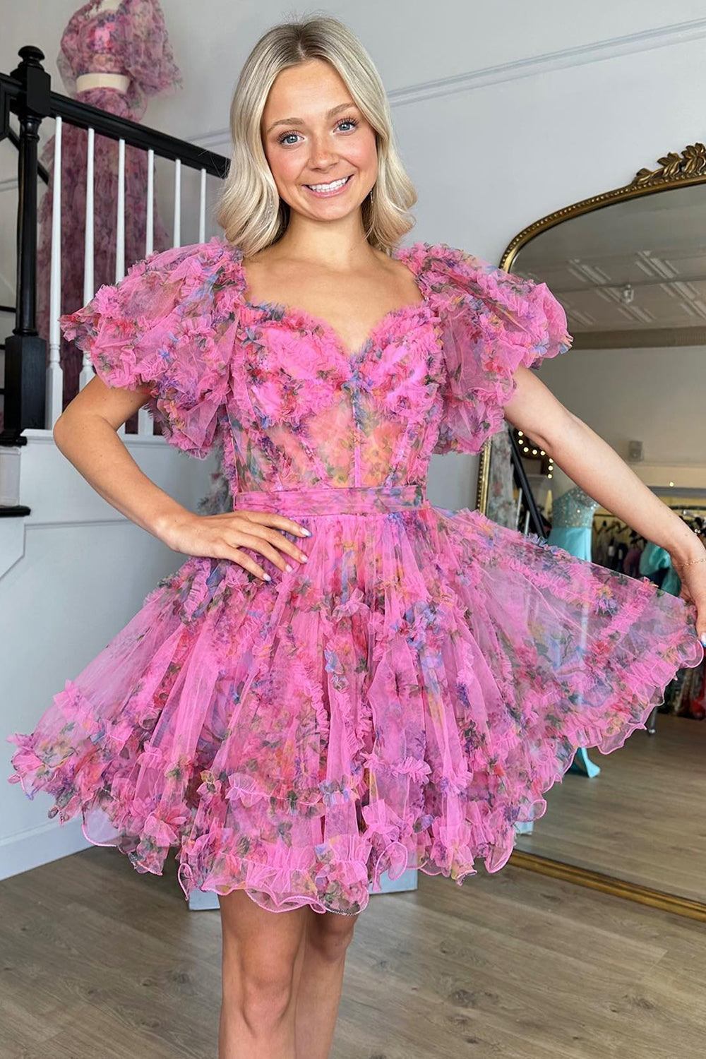 Fuchsia Floral A-Line Short Homecoming Dress