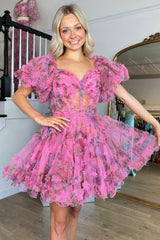 Purple Floral A-Line Short Homecoming Dress