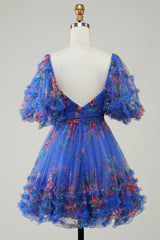 Blue Puff Sleeves A-Line Floral Short Homecoming Dress with Ruffles