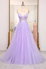 Lilac A-Line Spaghetti Straps Long Beaded and Tulle Prom Dress with Appliques