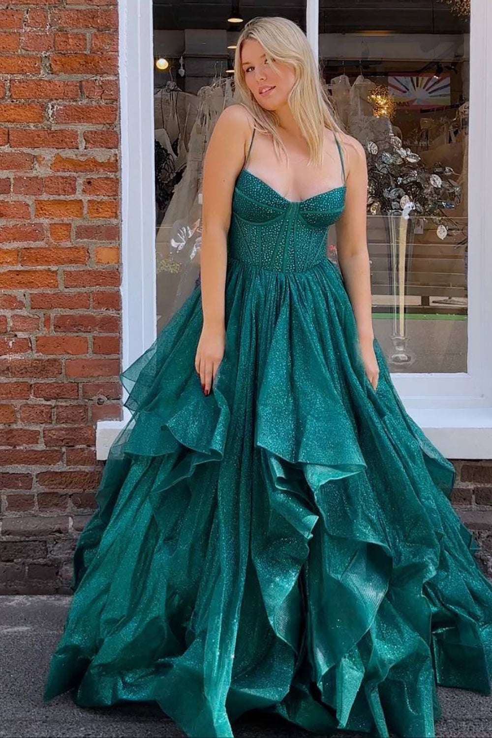 Dark Green A Line Long Corset Prom Dress With Ruffles