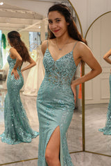 Green Mermaid Long Appliqued Prom Dress With Slit